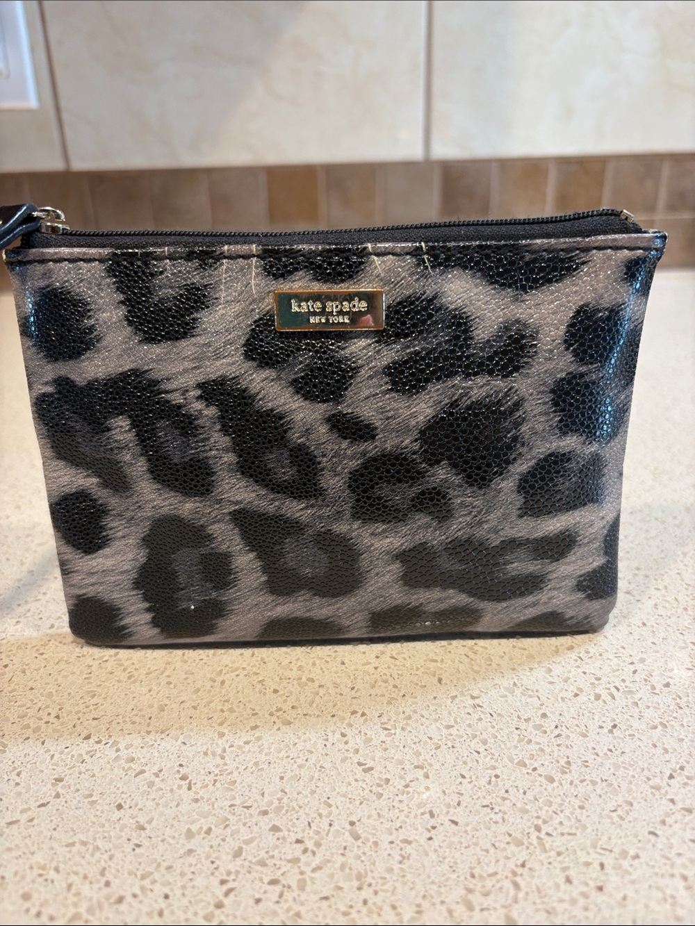 kate spade Black and Gray leather Leopard-Print Wristlet